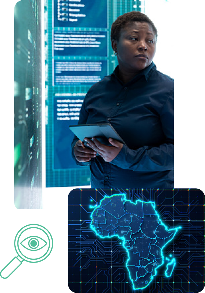 Woman standing by a digital monitor with a map of Africa in the foreground