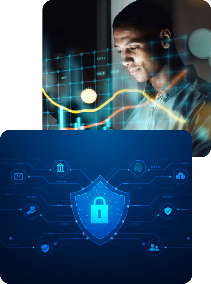 Man looking at screen, with a security shield in the foreground